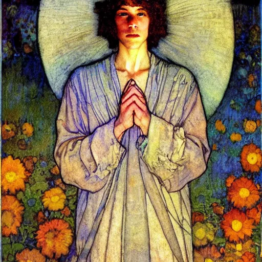 Image similar to the flower prince, by jessie willcox smith and donato giancola and nicholas roerich, symbolist, tattoos, dramatic lighting, elaborate geometric ornament, art brut, god rays, soft cool colors, smooth, sharp focus, extremely detailed