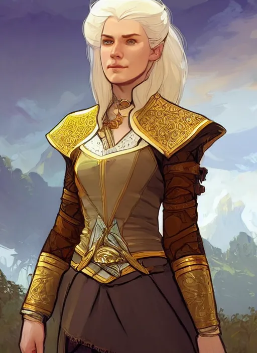 Image similar to concept art of a beautiful gold haired female healer. witcher 3 character design by laurie greasley and sherree valentine daines concept art, matte, sharp focus, illustration, hearthstone, art by artgerm and greg rutkowski and alphonse mucha