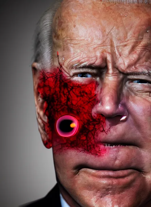 Image similar to hyper realistic ultra realistic horror terror dimensional photo furious glowing red eyes biden, high quality photo, detailed , 8k