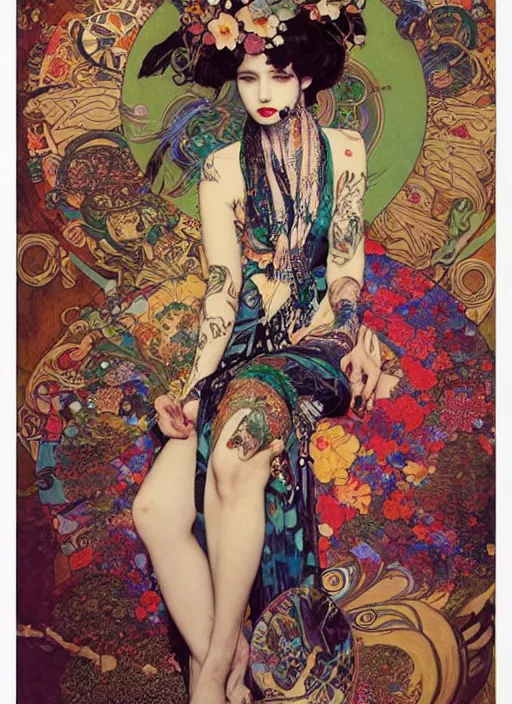 Prompt: cute punk goth fashion hippy fractal tattooed girl wearing kimono posing by Zhang Jingna, psychedelic poster art of by Victor Moscoso Rick Griffin Alphonse Mucha Gustav Klimt Ayami Kojima Amano Charlie Bowater, masterpiece