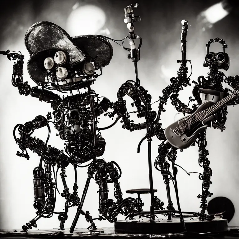 Image similar to a beautiful electronic concert photo shot of a couple of threea toys figurines by ashley wood, world war one robot octopus playing drums and fender telecaster guitar, black background, concert light, dark mood