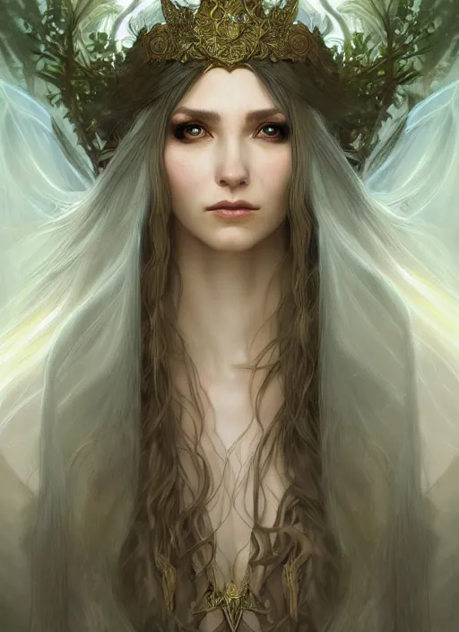 Image similar to portrait of a fantasy elf female sorceress queen with long white hair flowing wind in an ancient forest filled with magic, highly detailed, digital painting, artstation, smooth, sharp focus, detailed face, illustration, art by artgerm and greg rutkowski and alphonse mucha