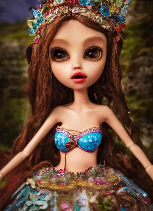 Image similar to closeup portrait of tin toy fairytale princess bikini, depth of field, zeiss lens, detailed, symmetrical, centered, fashion photoshoot, by nicoletta ceccoli, mark ryden, lostfish, breathtaking, 8 k resolution, extremely detailed, beautiful, establishing shot, artistic, hyperrealistic, octane render