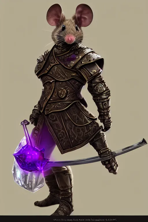 Image similar to armored mouse warrior holding a sword in one hand and reaching for a floating purple crystal with the other, trending on Artstation, rpg portrait, 8k, uhd