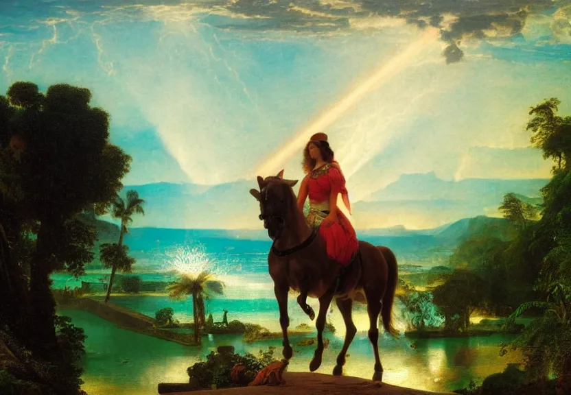 Image similar to Girl riding the horse on the palace bridge, refracted sparkles, thunderstorm, greek pool, beach and Tropical vegetation on the background major arcana sky, by paul delaroche, hyperrealistic 4k uhd, award-winning, very very very detailed