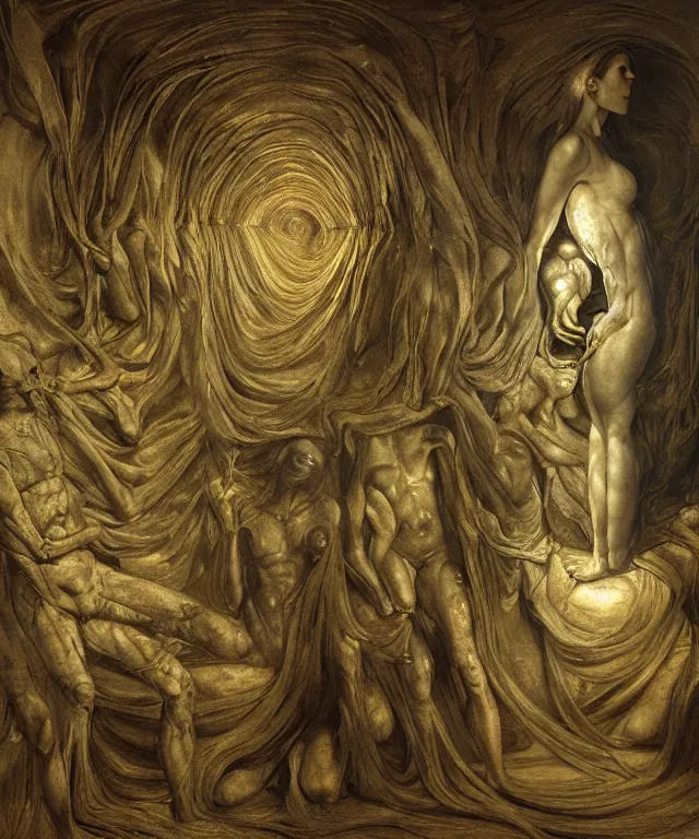 Image similar to The room without doors and windows with beautiful full-body wax sculpture of the glowing transparent woman with visible golden bones inside her in the singularity where stars becoming baroque folds of dark matter by Michelangelo da Caravaggio, Nicola Samori, William Blake, Alex Grey and Beksinski, dramatic volumetric lighting, super detailed oil painting, 8k, masterpiece