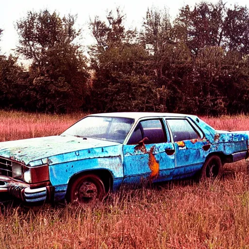 Image similar to A long shot photograph of a rusty, worn out, broken down, decrepit, run down, dingy, faded, chipped paint, tattered, beater 1976 Denim Blue Dodge Aspen in a farm field, photo taken in 1990