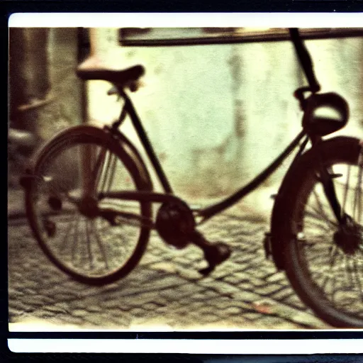 Image similar to artistic photos of a bike macro lenses. polaroid. city of genoa. old. scratched. vintage.