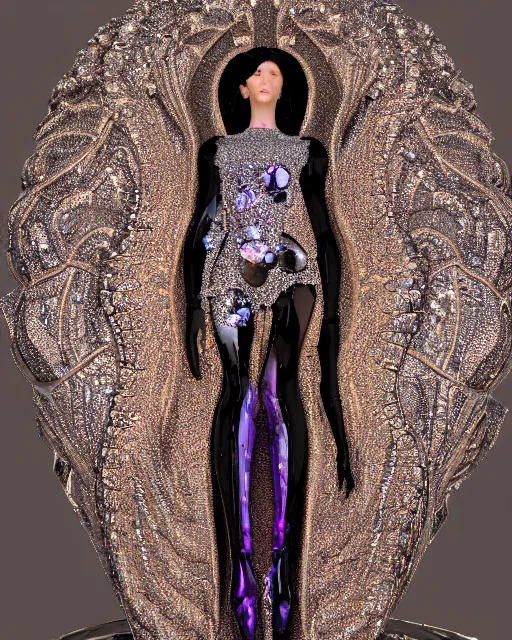 Image similar to a highly detailed metahuman 4 k close up render of a bella hadid as black latex monument renaissance in iris van herpen dress schiaparelli in diamonds crystals swarovski and jewelry iridescent in style of alphonse mucha gustav klimt trending on artstation made in unreal engine 4