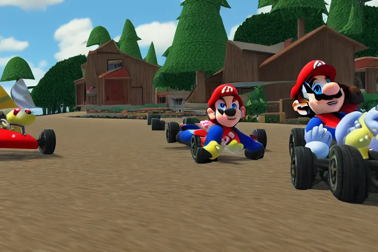 Prompt: mario kart at normandy beach, 1 9 4 5, ingame screenshot, highly detailed