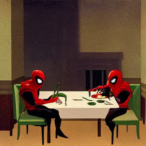 Image similar to Mysterio eating dinner with Spider-Man, artwork by Franz Sedlacek,