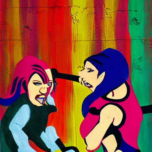 Prompt: angry women fight each other, vivid colors, high detail,