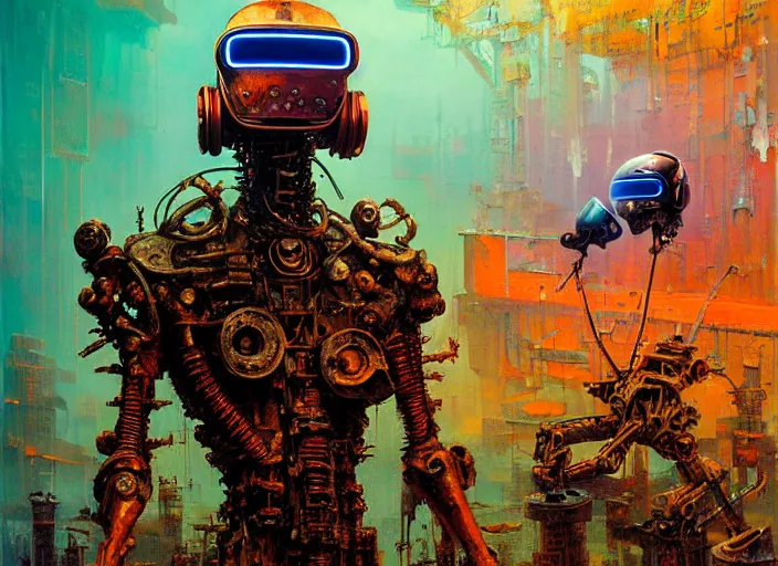 Prompt: junky men ballet dancer, cybertronic gadgets and vr helmet, durty colours, rotten textures, rusty shapes, long shot, biotechnology, dariusz zawadzki, tim hildebrandt, wayne barlow, bruce pennington, larry elmore, oil on canvas, luminosity, deep depth field, masterpiece, cinematic composition, hyper - detailed, hd, hdr