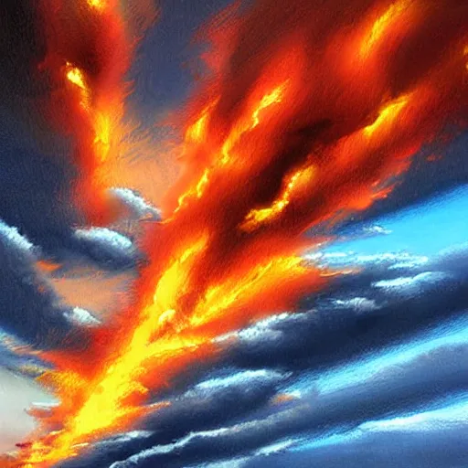 Prompt: fire explosion in the sky , high details, realistic, art by invincible