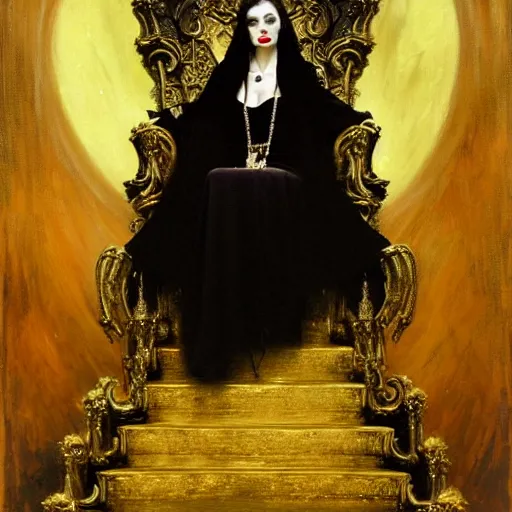 Image similar to perfectly centered portrait of attractive vampire queen in gold gothic robe sitting on a throne of black bones, painting by gaston bussiere, craig mullins, j. c. leyendecker, 8 k, mid shot