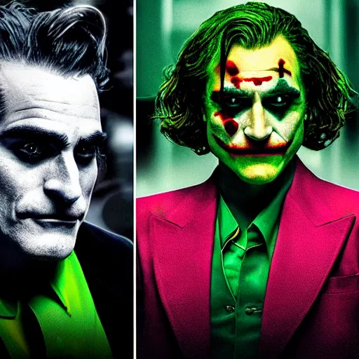 Image similar to detailed 4 k photorealistic lady gaga and joaquin phoenix footage in next joker movie in the style of nick ut and eddie adams and margaret bourke and yousuf karshs and alfred eisenstaedt