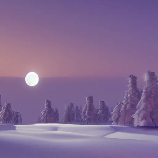 Image similar to a winter scene with the moon rising above the horizon, octane render by lisa frank