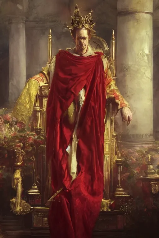 Image similar to beautiful portrait oil painting, steve buscemi wearing a golden wreath crown in royal crimson robes enthroned as the god emperor of ancient rome, mid - shot, by anders zorn, wonderful masterpiece by greg rutkowski, beautiful cinematic light, american romanticism, by thomas lawrence, greg rutkowski