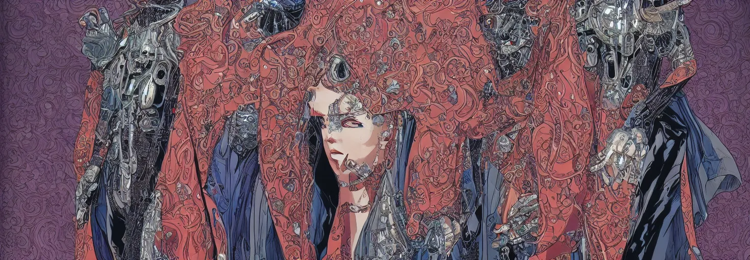 Image similar to beautiful portrait of the mysterious cybernetic masked figure, vogue cover, vogue poses, beautiful ornamental silk cape, intricate, highly detailed, masterful, fantasy world, sci fi world, in the style of moebius, akira toriyama, jean giraud