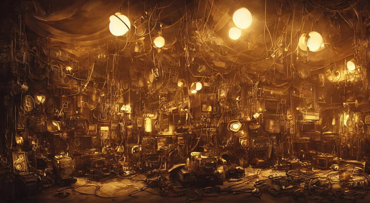 Image similar to Steampunk interior, room of wires, television screens, random technology, other junk, rubbish, dirty, subdued lighting, neon bulbs, single light source, photographic quality, directed by Stanley Kubrick, atmospheric lighting, cinematic, trending on artstation, octane render