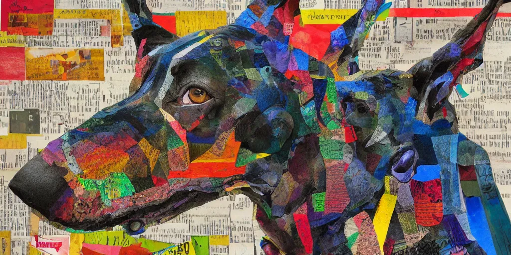 Prompt: mad doberman on a chain, collage, acrylic on canvas, lines with colored pencils, newspaper clippings, expressionism movement, breathtaking detailed, by blake neubert