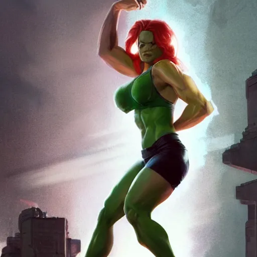 Image similar to she hulk, played by scarlett johannson, beautiful, cinematic, head and shoulders, striking pose, by greg rutkowski