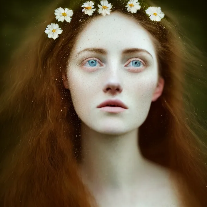 Image similar to Kodak Portra 400, 8K,ARTSTATION, Caroline Gariba, soft light, volumetric lighting, highly detailed, britt marling style 3/4 , extreme Close-up portrait photography of a beautiful woman how pre-Raphaelites,inspired by Ophelia paint, the face emerges from water of Pamukkale, hair are intricate with highly detailed realistic beautiful flowers , Realistic, Refined, Highly Detailed, interstellar outdoor soft pastel lighting colors scheme, outdoor fine art photography, Hyper realistic, photo realistic