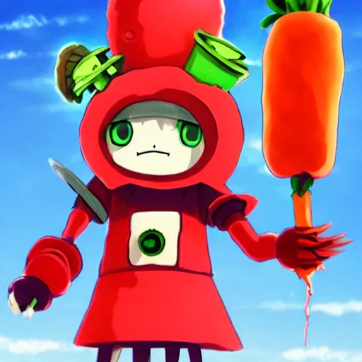 Image similar to cute robot with big tomato hat and a carrot sword, made in abyss style