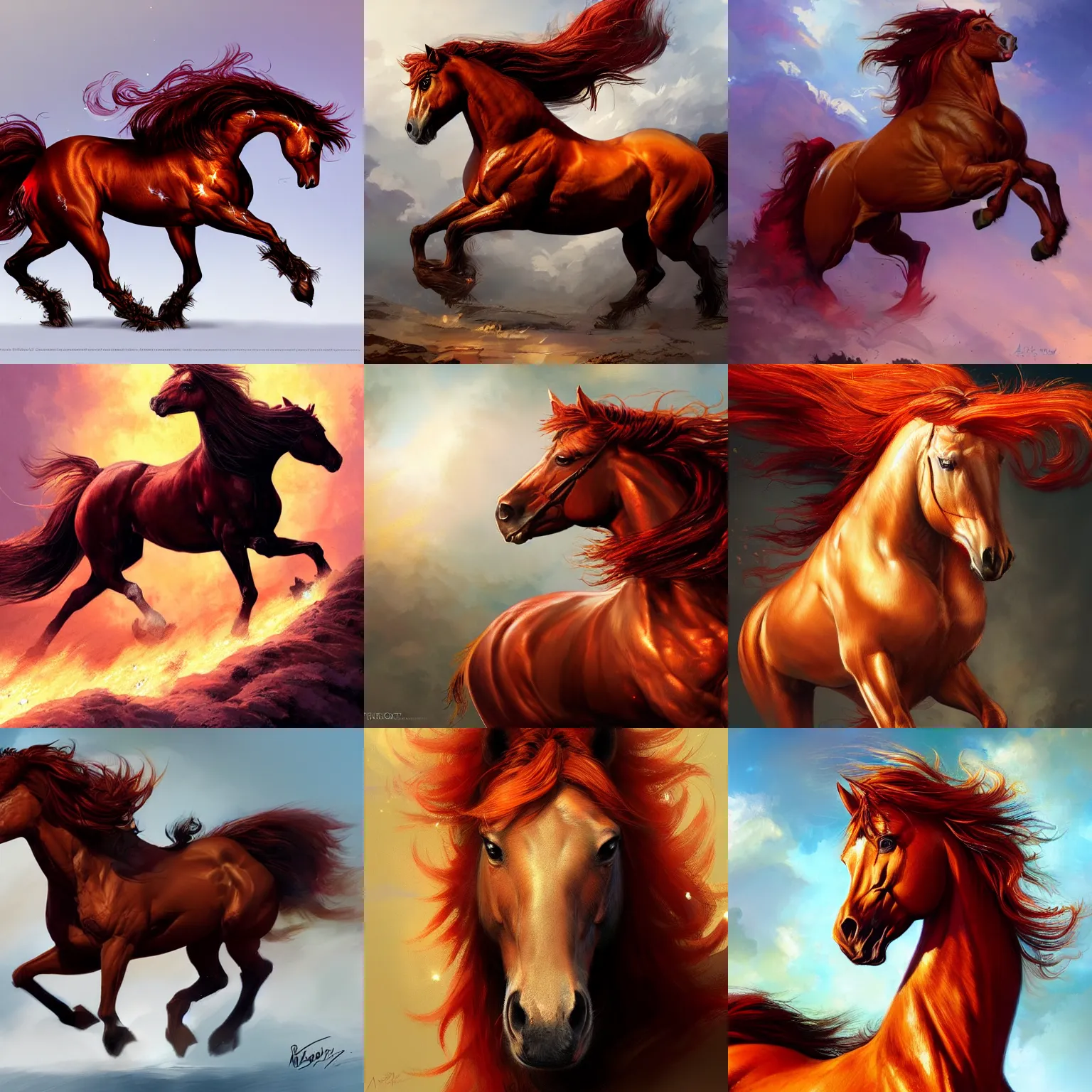 Prompt: horse reddish - brown, flaming mane, sparkles, highly detailed, digital painting, artstation, concept art, sharp focus, illustration, frazetta, aleksi briclot, rutkowski