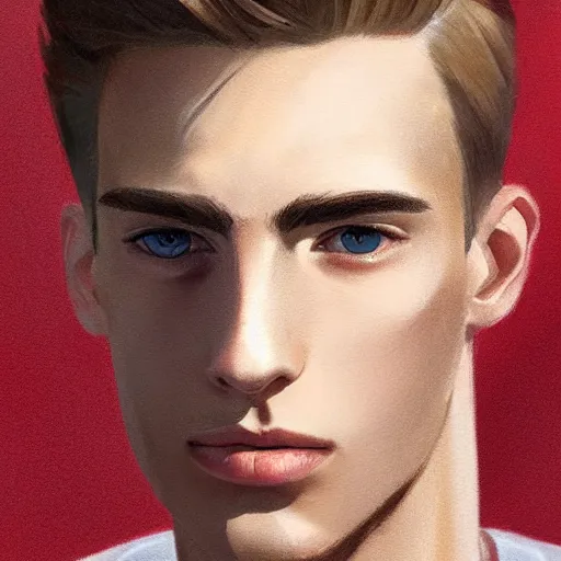 Image similar to tall man in his twenties with brown blond short quiff hair and thin slightly round facial structure with cleft chin, straight eyebrows and prominent nose, good definition of cheekbones, big hazel nut brown eyes, narrow face, slim body, atmospheric lighting, painted, intricate, 4 k, highly detailed by charlie bowater