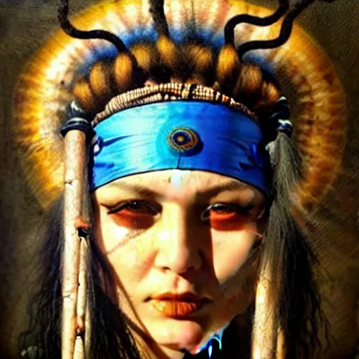 Image similar to A young blindfolded shaman woman with a decorated headband, in the style of heilung, blue hair dreadlocks and wood on her head., made by karol bak