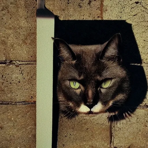 Prompt: medium of a sharp shadow!! of a cat!! only cat shadow at the wall in the street, colours, polaroid photo