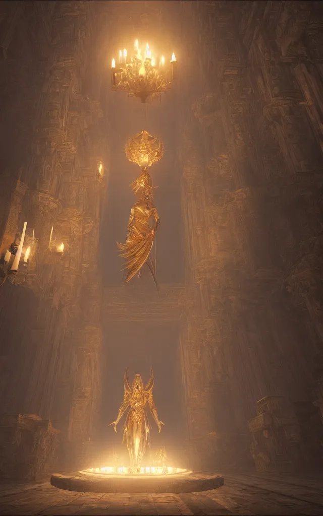 Image similar to The guardian of the temple holding a candle, standing in a hallway to a large magical room, Greg Rutskowski, Trending on Artstation, 4K, epic composition