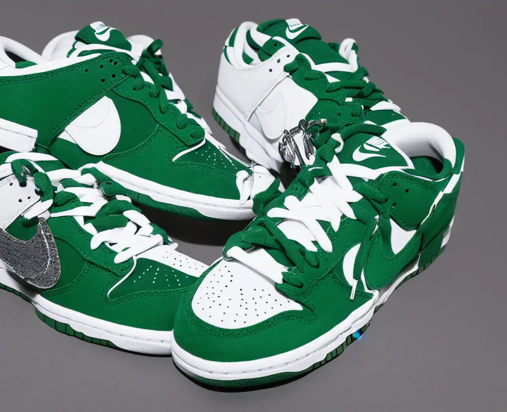 Prompt: a press photograph of nike dunk low pine green and white, size 1 0, white background