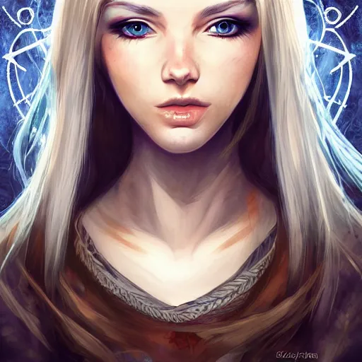 Image similar to portrait, 30 years old women :: fantasy :: blue eyes, long straight blonde hair, flower in hair :: attractive, symmetric face :: brown medieval cloting, natural materials :: high detail, digital art, RPG, concept art, illustration