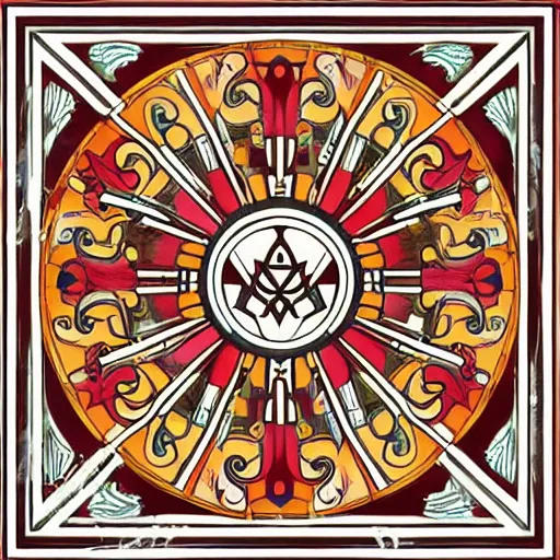 Image similar to symmetrical mural painting from the early 1 9 0 0 s in the style of art nouveau, red curtains, art nouveau design elements, art nouveau ornament, scrolls, flowers, flower petals, rose, opera house architectural elements, mucha, masonic symbols, masonic lodge, joseph maria olbrich, simple, iconic, masonic art, masterpiece, trending on artstation