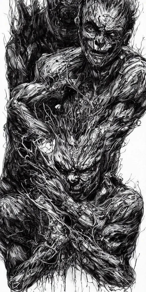 Image similar to concept art of a evil man with his body covered in burns, with black smoke coming out of his hands, full body, dark colors, sinister atmosphere, dramatic lighting, cinematic, establishing shot, extremely high detail, photo realistic, cinematic lighting, pen and ink, intricate line drawings, by Yoshitaka Amano, Ruan Jia, Kentaro Miura, Artgerm, post processed, concept art, artstation, matte painting, style by eddie mendoza, raphael lacoste, alex ross,