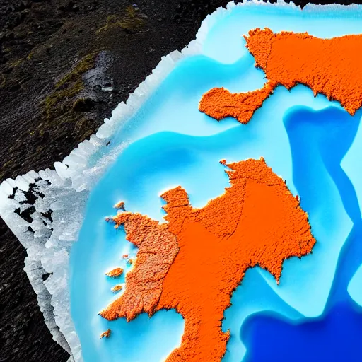 Image similar to top down view of map of country iceland made out of ice, accurate map, surrounded by ocean made out of hot orange lava, realistic