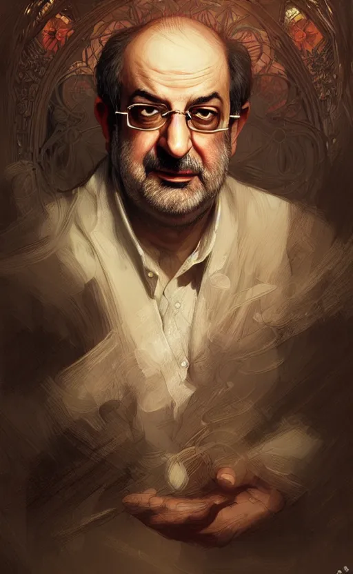 Image similar to portrait of salman rushdie, deep focus, d & d, fantasy, intricate, elegant, highly detailed, digital painting, artstation, concept art, matte, sharp focus, illustration, art by artgerm and greg rutkowski and alphonse mucha