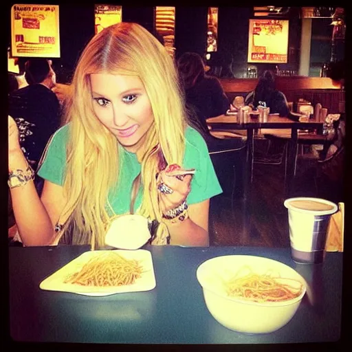 Prompt: “Kesha eating spaghetti in a Starbucks”