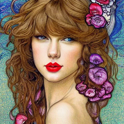 Image similar to romantic painted portrait of taylor swift by james jean!!!, mucha, klimt