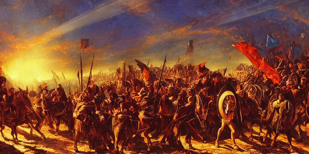 Prompt: Mehmed the 2nd entering Conatantinople with his army, sunset, light rays, cinematic, oil painting