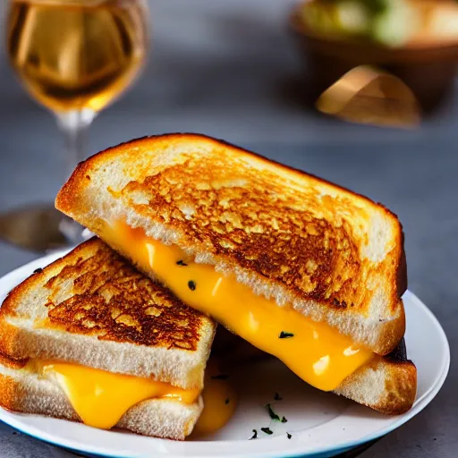 Prompt: A delicious grilled cheese on a plate, garnish, melted cheese, toasted bread, food photography, michelin star