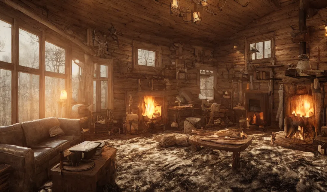 Image similar to cozy interior of a hunting cabin, fireplace, ascher clemens, home, interior, octane render, deviantart, greg rutkowski, cinematic, key art, hyperrealism, canon eos c 3 0 0, ƒ 1. 8, 3 5 mm, 8 k, medium - format print