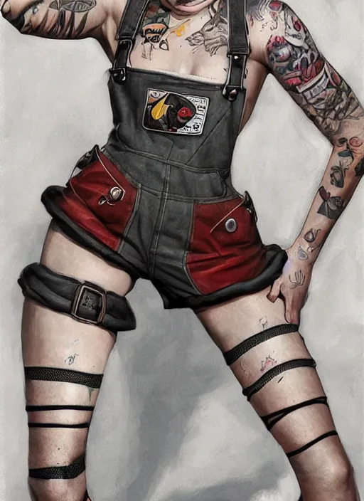 Prompt: digital _ painting _ of _ female, painted taktop, overalls, combat boots, short shorts, fishnets _ by _ filipe _ pagliuso _ and _ justin _ gerard _ symmetric _ fantasy _ highly _ detailed _ realistic _ intricate _ port