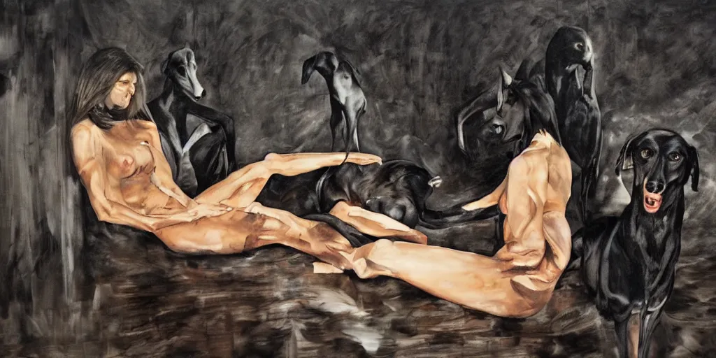 Prompt: a medium skin tone woman sitting with a black greyhound in an abandoned room, vegetation around, dark atmosphere. highly detailed. by phil hale and jenny saville