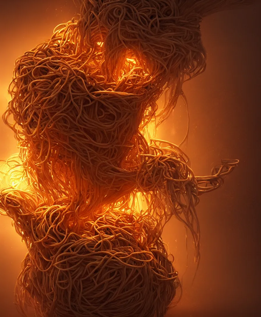 Image similar to spaghetti monster coming out of the pot, cinematic lighting, magical atmosphere, 8k, artstation, masterpiece, ultra hd