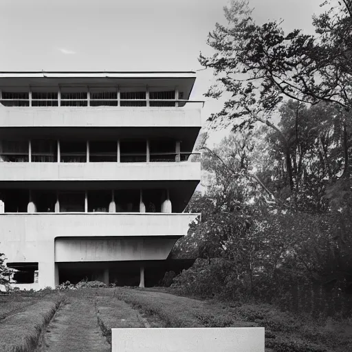 Image similar to second story elevated white brutalist home perched atop 2 equidistant separated large piers, double cantilevered design, large windows, elegant, white stone, proportion, golden ratio, epic composition, steel window mullions, cars parked underneath