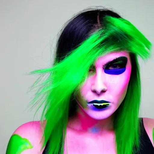 Prompt: Portrait of a beautiful cyberpunk android, green lipstick, fluorescent pink face paint, bright green hair, metallic cyan bodysuit