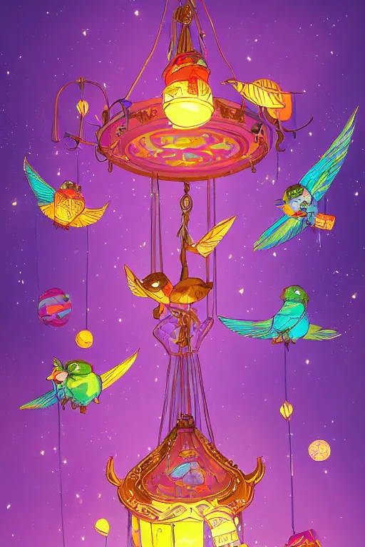 Image similar to purple space racoon, colorful birds flying. Magical lanterns and chandeliers. Fantastical, detailed digital art trending in artstation